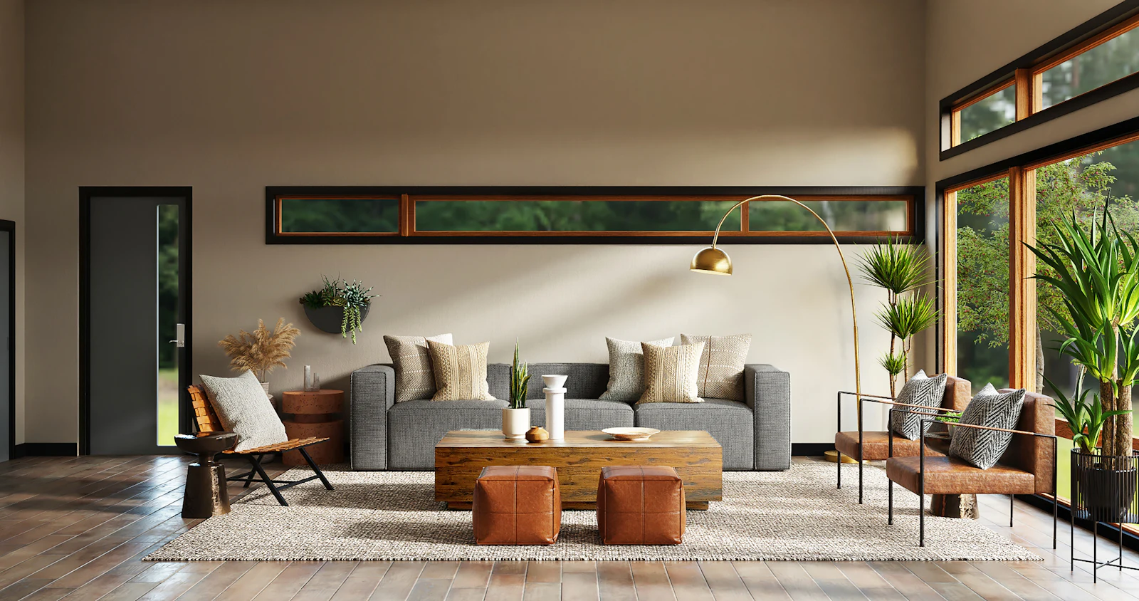 Sala de estar luminosa con sofá claro, mesa de madera y plantas